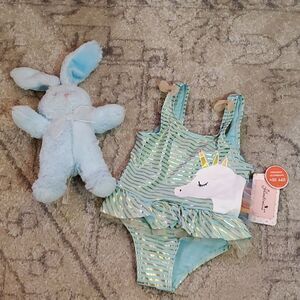 NWT Floatimini Unicorn swimsuit sz 4 & Bunny stuffed animal